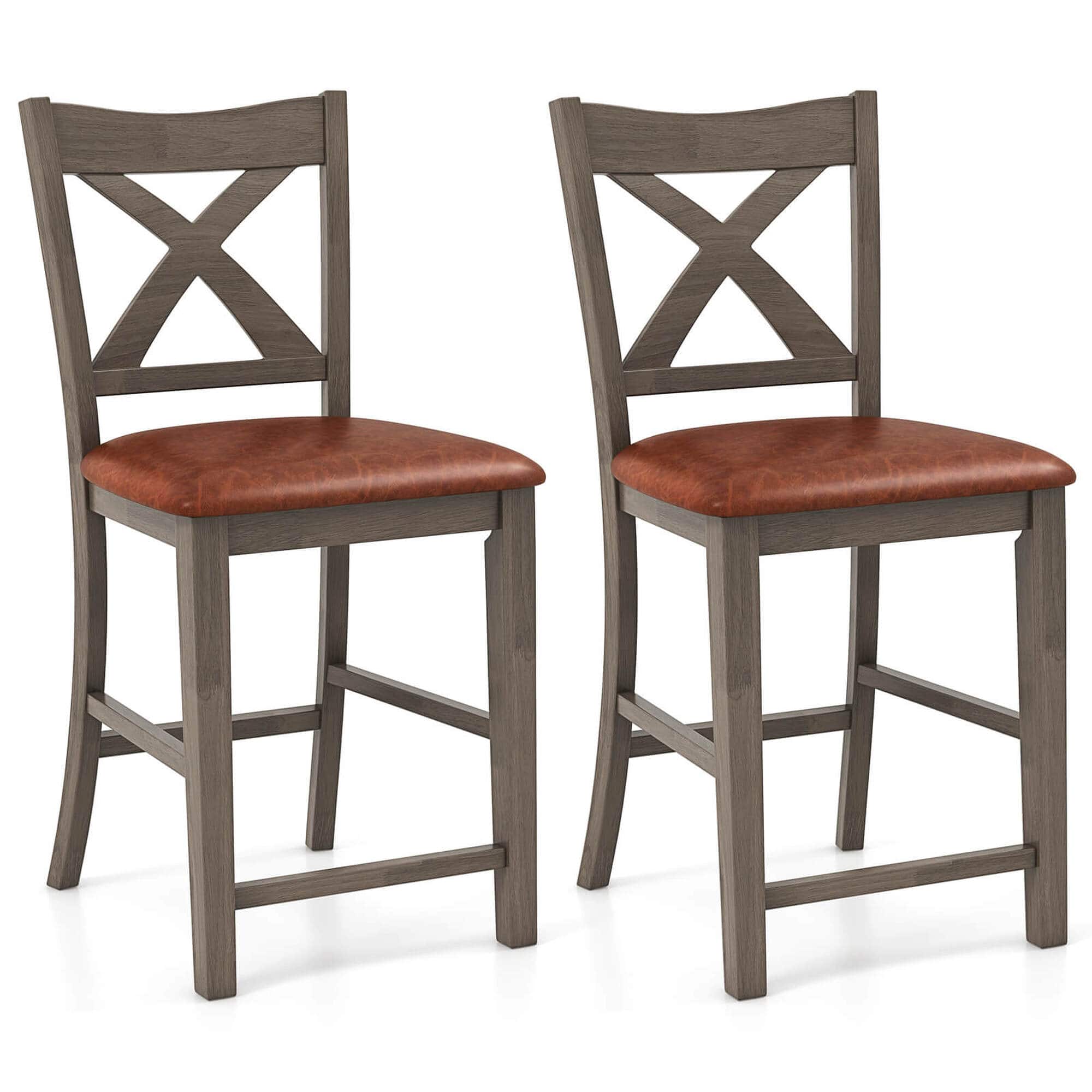 Front. Costway - 2 PCS 24" Counter Height Stools Bar Stools with Faux Leather Upholstered Seat - Gray+Brown.