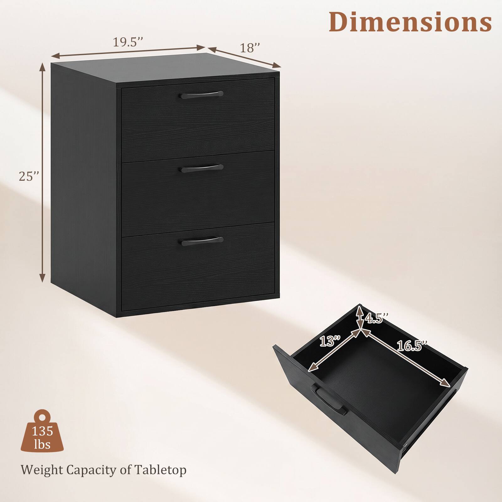 Dimensions

19.5"  
18"  
25"  
4.5"  
13"  
16.5"  

Weight Capacity of Tabletop  
135 lbs