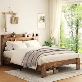Anysun - Full Size Wood Platform Bed Frame with Storage, LED Light Headboard, 2 USB, Noise-Free, No Box Spring, Easy Assembly - Brown