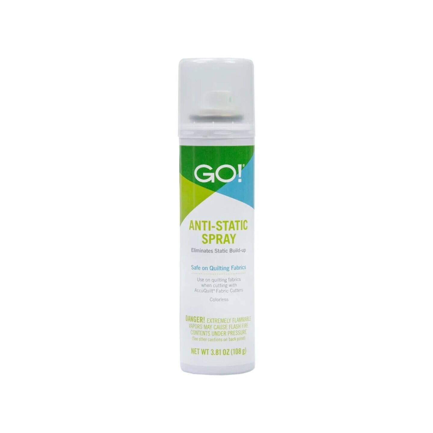 GO! ANTI-STATIC SPRAY
Eliminates Static Build-up
Safe on Quilting Fabrics
Use on quilting fabrics when cutting with AccuQuilt Fabric Cutters
Colorless
DANGER! EXTREMELY FLAMMABLE
VAPORS MAY CAUSE FLASH FIRE
CONTENTS UNDER PRESSURE
See other cautions on back panel
NET WT 3.81 OZ (108 g)