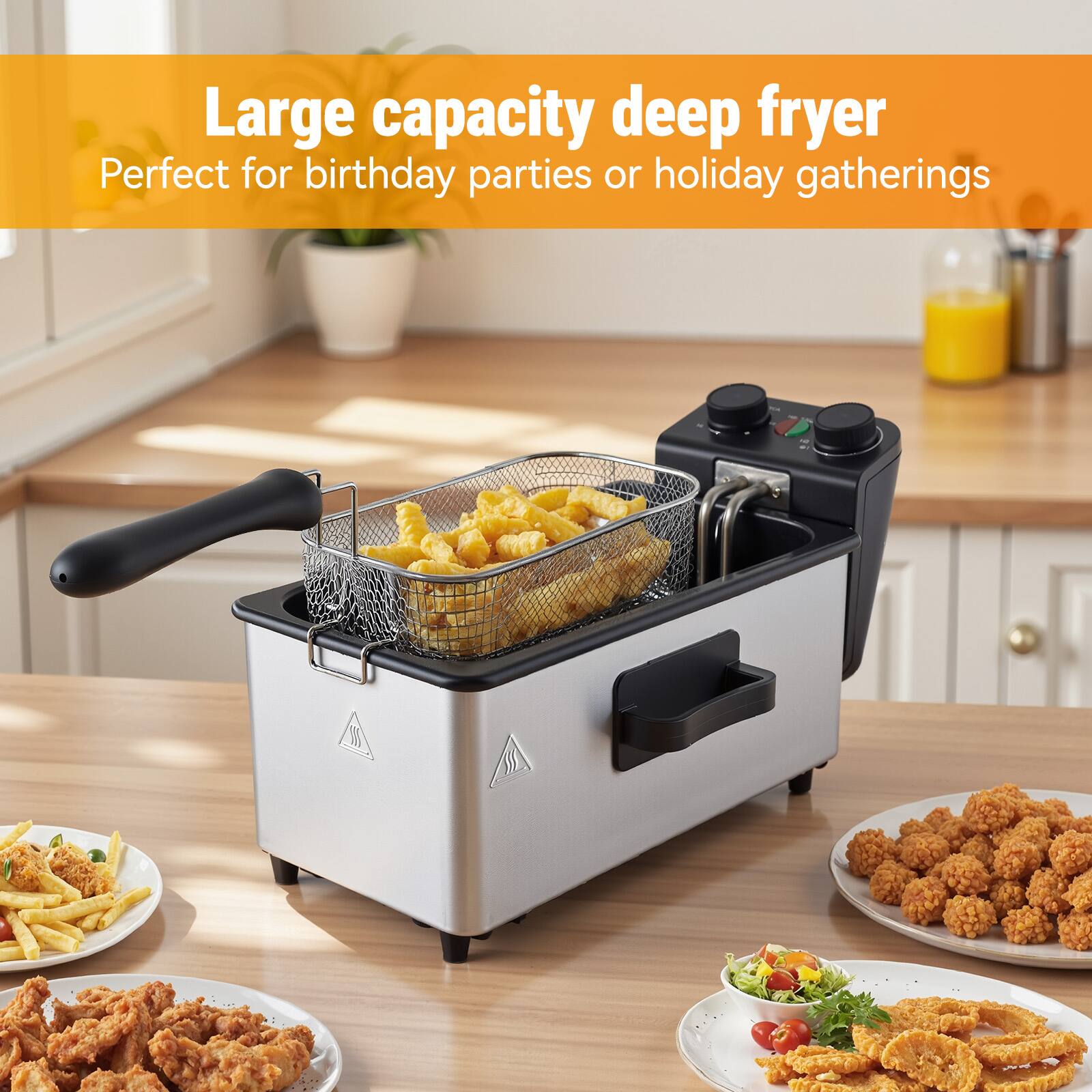 Large capacity deep fryer  
Perfect for birthday parties or holiday gatherings