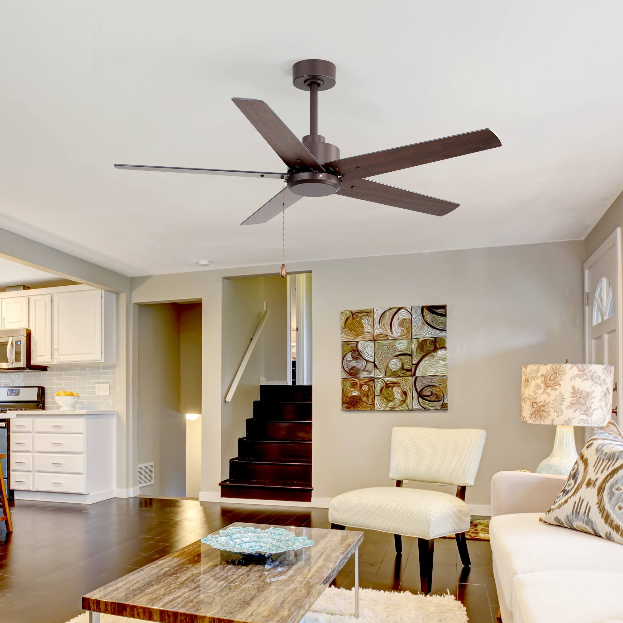 Alt View 1. Breezary - 52-Inch Indoor Ceiling Fan, No-Light, 5 Reversible Plywood Blades, 3-Speed AC Motor, 5/10'' Downrods, Pull Chain Control - Oil-rubbed Bronze.