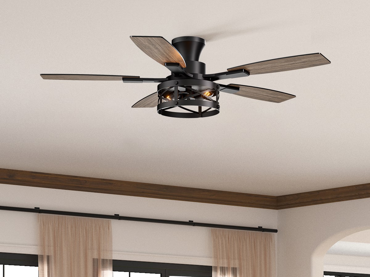 Front. Siljoy - 52-In Farmhouse Flush Mount Lighted Cage Ceiling Fan Walnut/Black Blades & Remote for Living Room Patio Bedroom - Black.