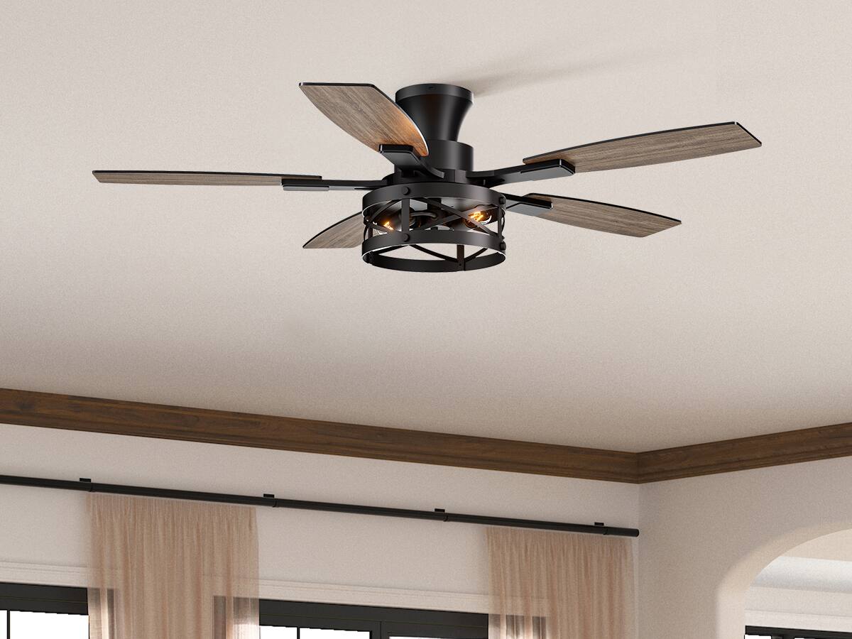 Siljoy - 52-In Farmhouse Flush Mount Lighted Cage Ceiling Fan Walnut/ Blades & Remote for Living Room Patio Bedroom - Black