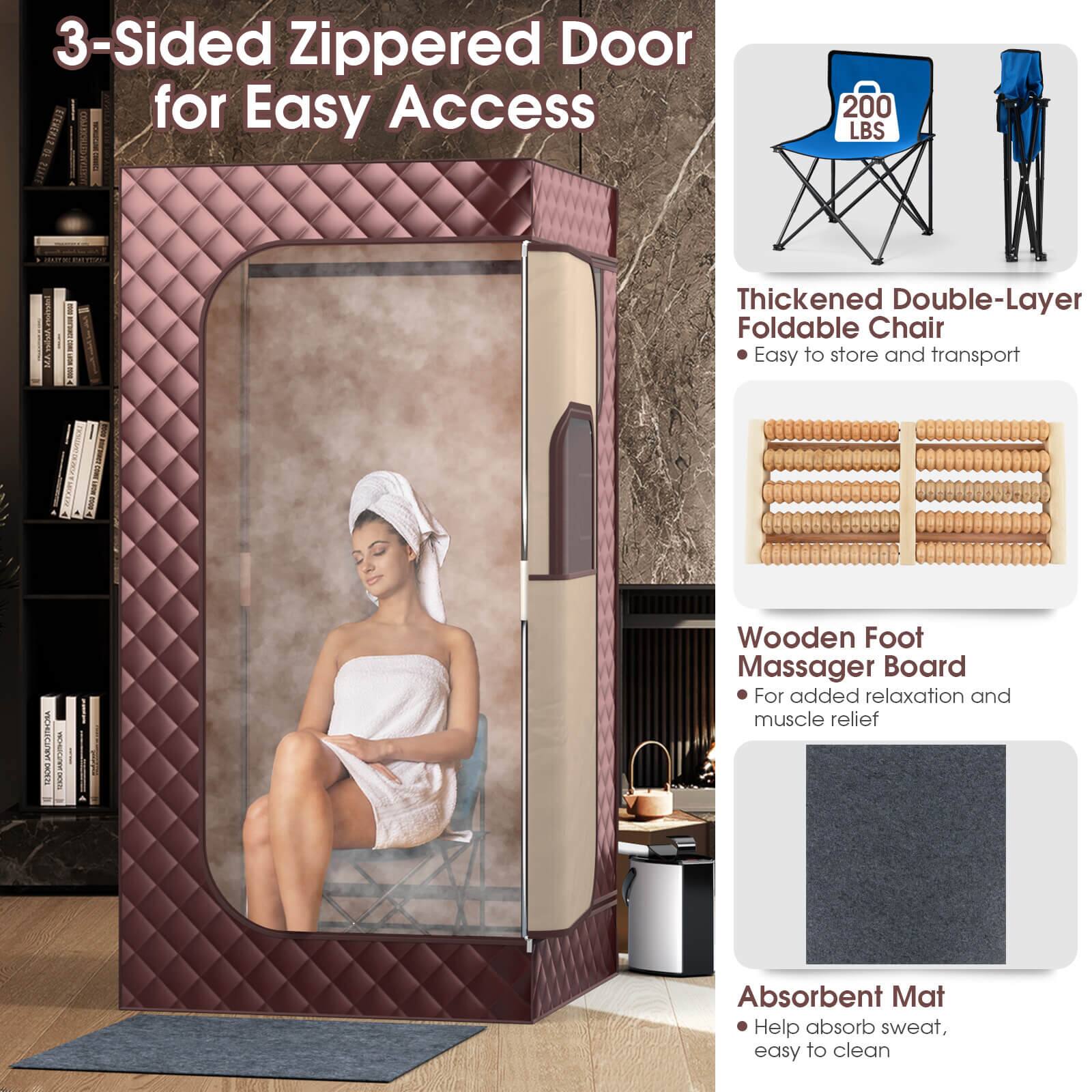 The text on the image is grouped and corrected as follows:

1. 3-Sided Zippered Door ETENERLE for Easy Access | 200 LBS | 1 Thickened Double-Layer Foldable Chair Easy to store and transport
2. Wooden Foot Massager Board For added relaxation and muscle relief
3. Absorbent Mat Help absorb sweat, easy to clean