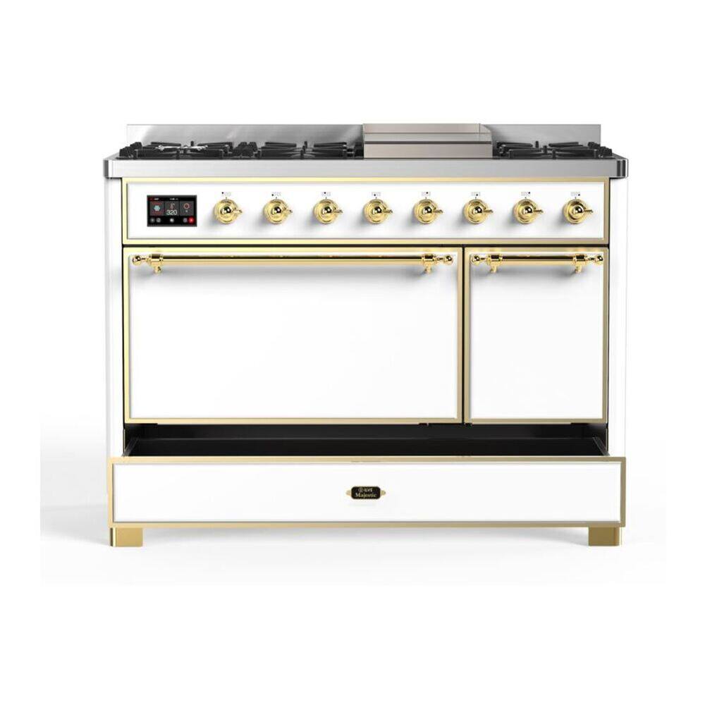 Alt View 5. ILVE - ILVE Majestic II 48 inch Dual Fuel Range with 8 Burners + Griddle (Natural Gas, White, Copper Trim) - White.