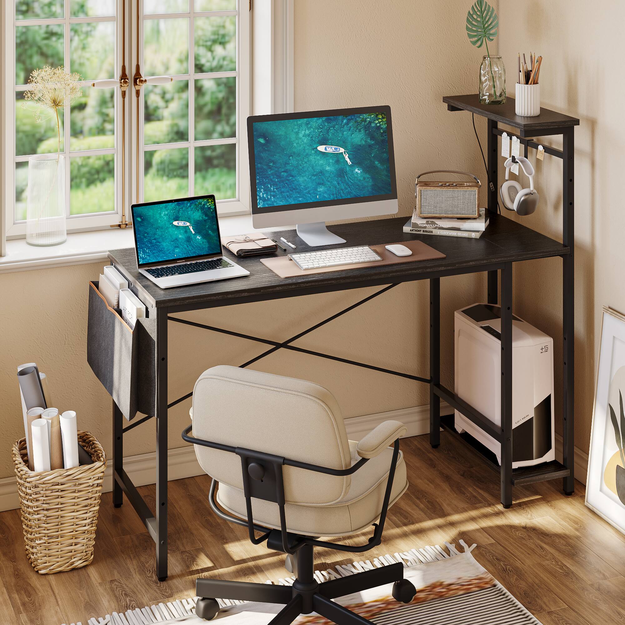 Back. Bestier - 55inch Gaming Desk with LED Lights Storage Shelves File Pockets & Hooks Spacious RGB Gaming Table - Black.