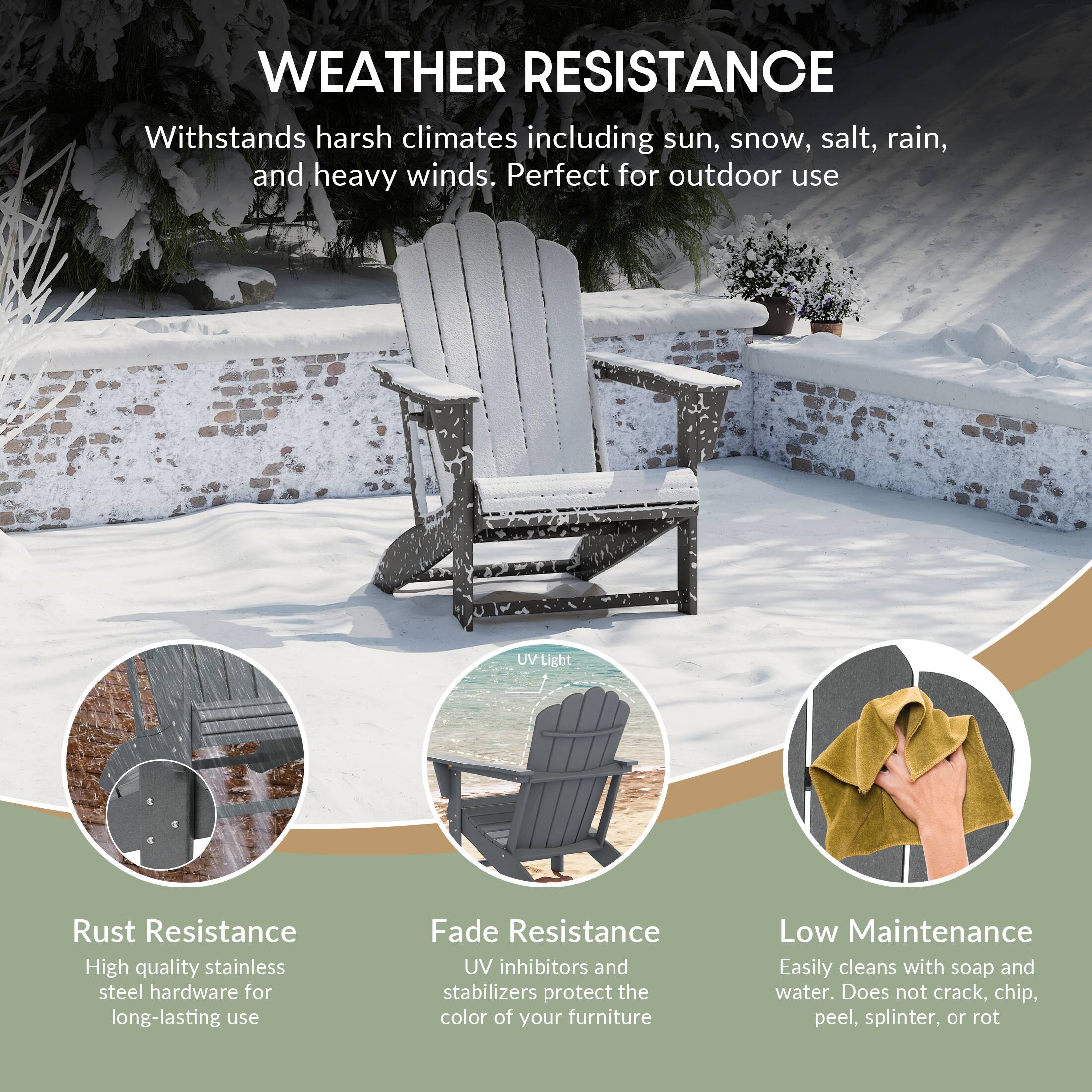 WEATHER RESISTANCE

Withstands harsh climates including sun, snow, salt, rain, and heavy winds. Perfect for outdoor use

UV Light

Rust Resistance
High quality stainless steel hardware for long-lasting use

Fade Resistance
UV inhibitors and stabilizers protect the color of your furniture

Low Maintenance
Easily cleans with soap and water. Does not crack, chip, peel, splinter, or rot