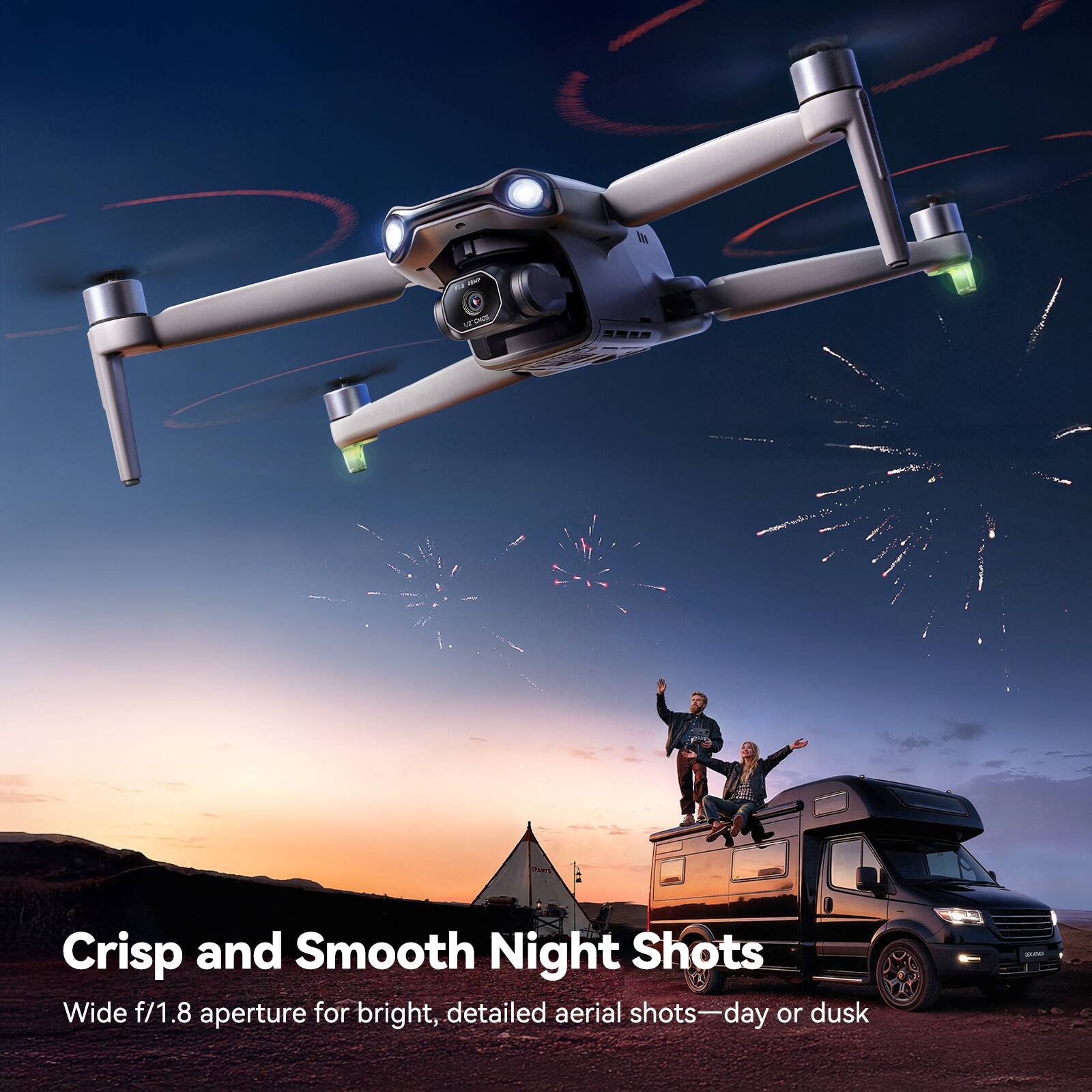 Crisp and Smooth Night Shots  
Wide f/1.8 aperture for bright, detailed aerial shots—day or dusk