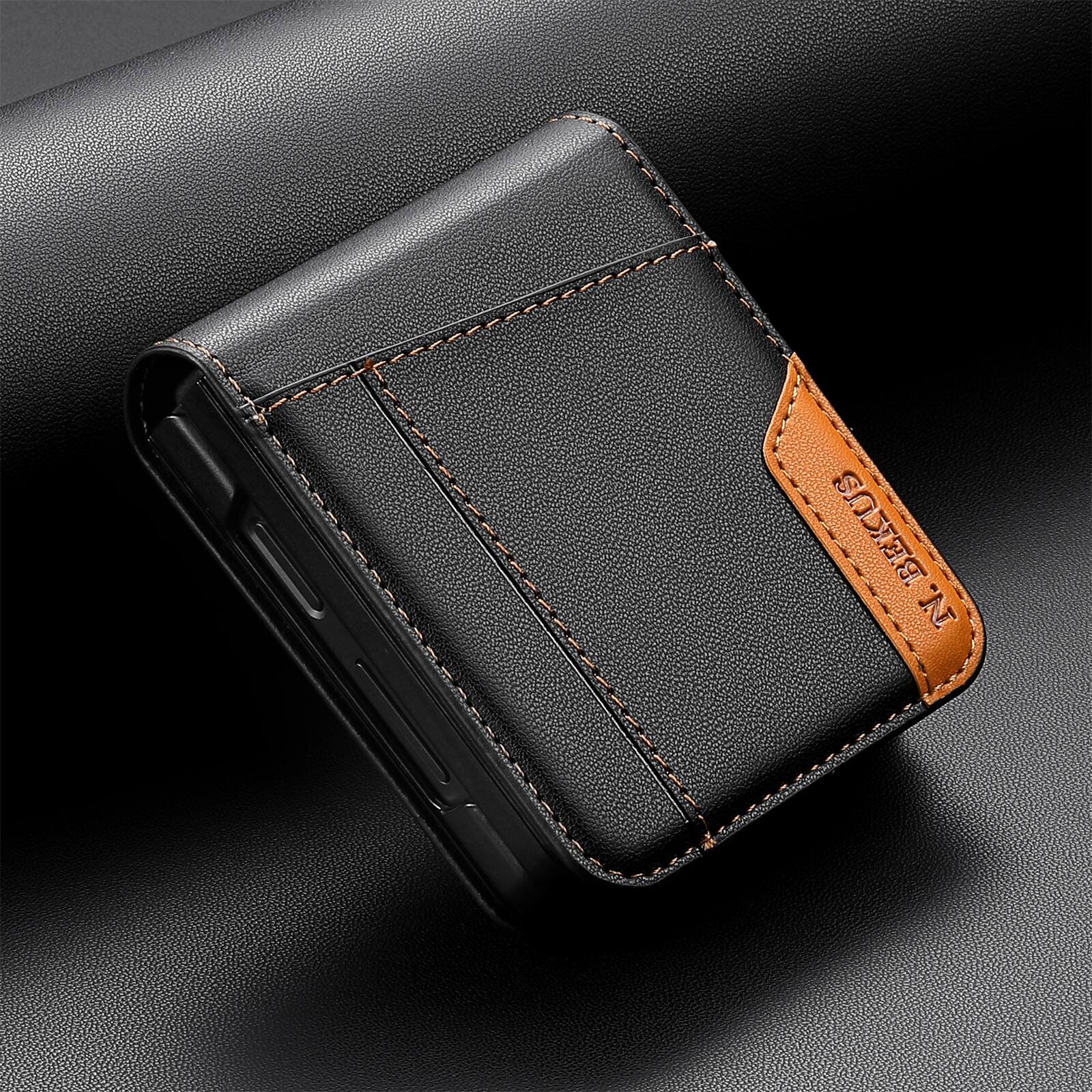 Dteck - Wallet Case for Samsung Galaxy Z Flip8, Premium Leather Shockproof Slim Cover with Card Slot - Black