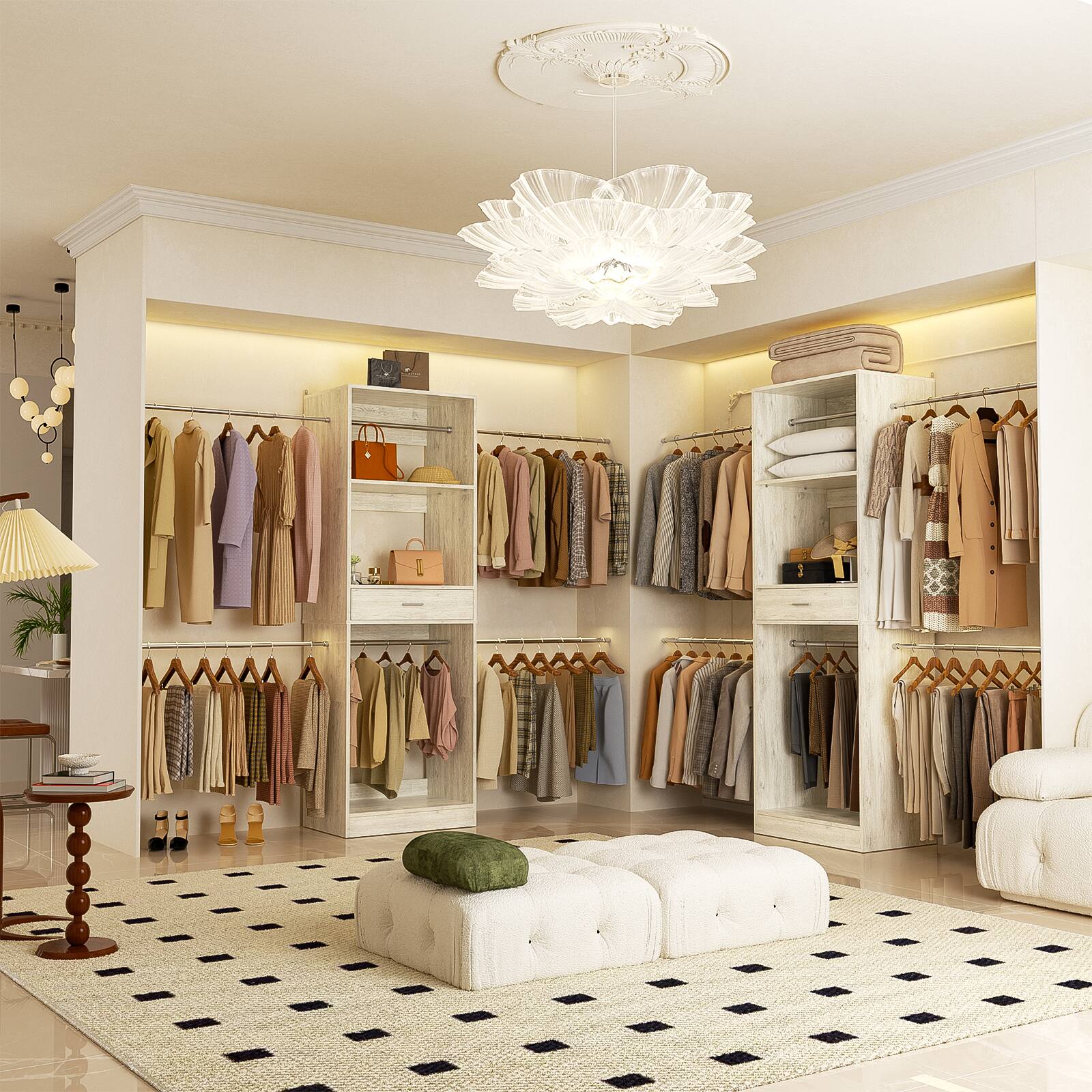 Left. Aheaplus - 2-8 ft Closet Organizer System with 6 Hanging Rods, Wardrobe System with Drawer and Shelves for Storage & Organizers - Beige Oak.