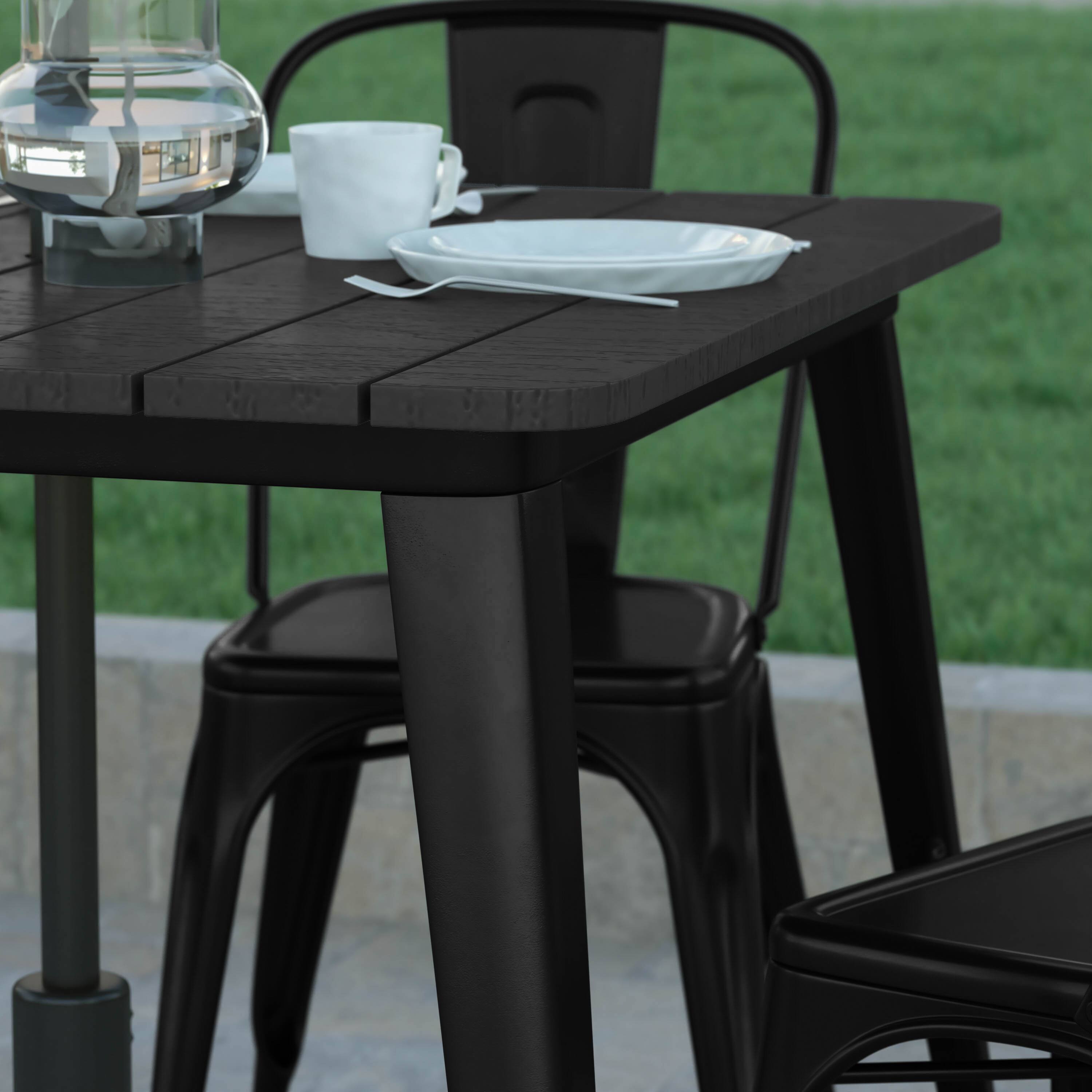 Alt View 4. Emma + Oliver - Drew Indoor/Outdoor Dining Table with Umbrella Hole, 36" Square All Weather Poly Resin Top and Steel Base - Black Top/Black Frame.