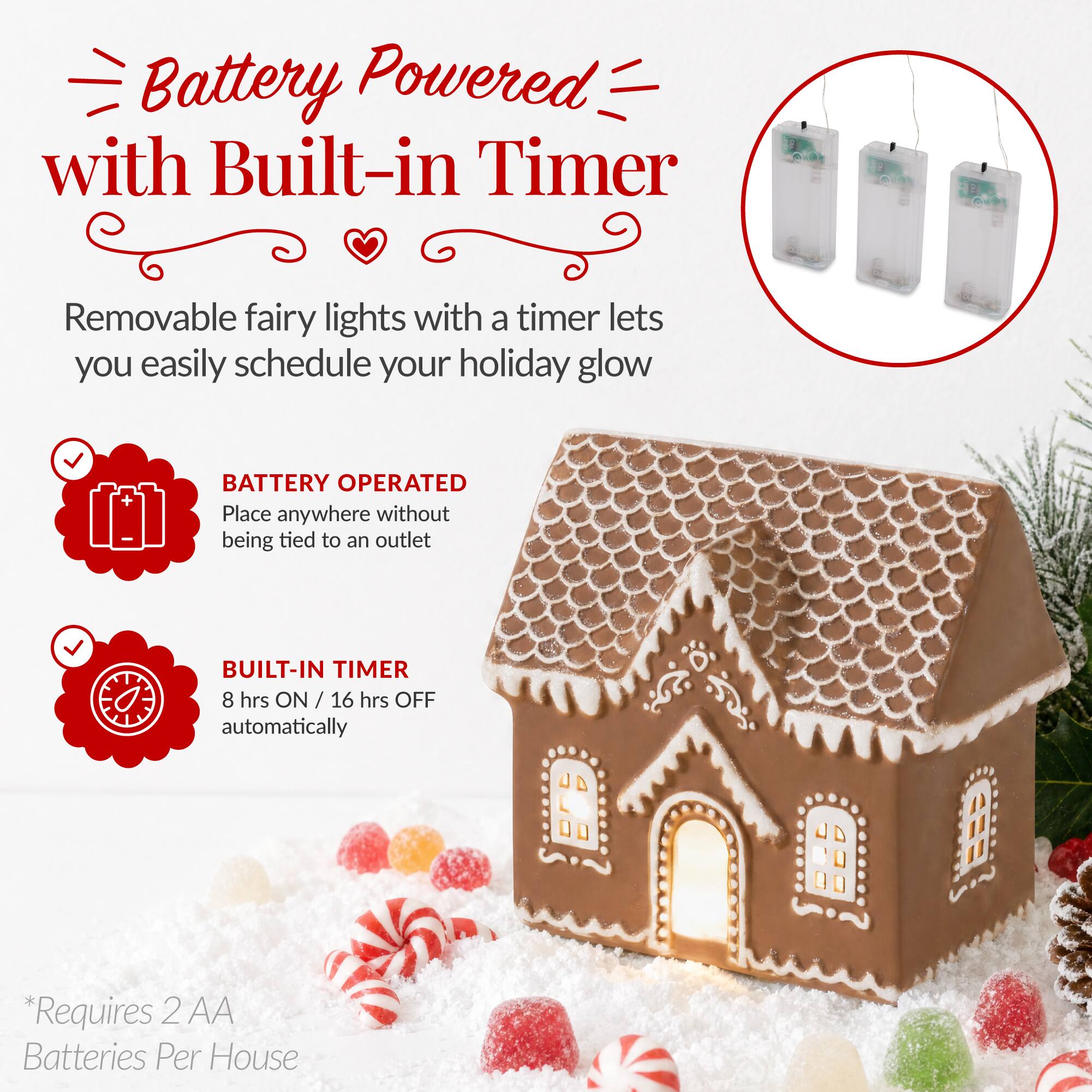 Battery Powered with Built-in Timer

Removable fairy lights with a timer lets you easily schedule your holiday glow

BATTERY OPERATED
Place anywhere without being tied to an outlet

BUILT-IN TIMER
8 hrs ON / 16 hrs OFF automatically

*Requires 2 AA Batteries Per House