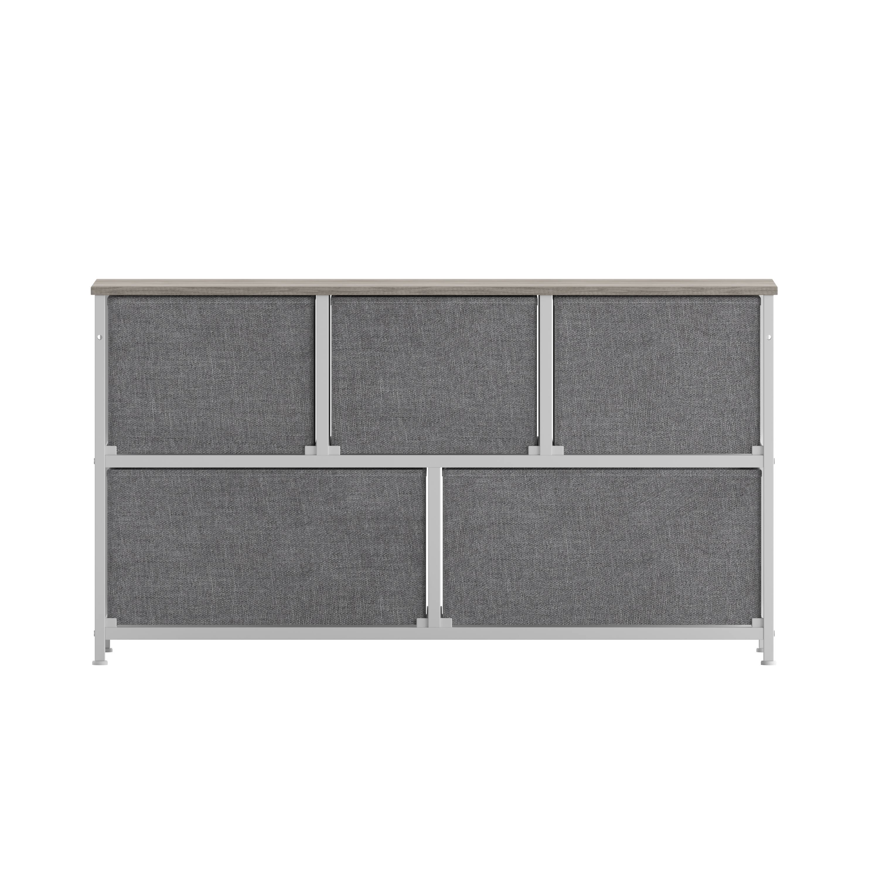 Alt View 7. Emma + Oliver - Marley 5 Drawer Storage Dresser with Cast Iron Frame, Wood Top, and Easy Pull Fabric Drawers with Wooden Handles - Light Natural Drawers/White Frame.