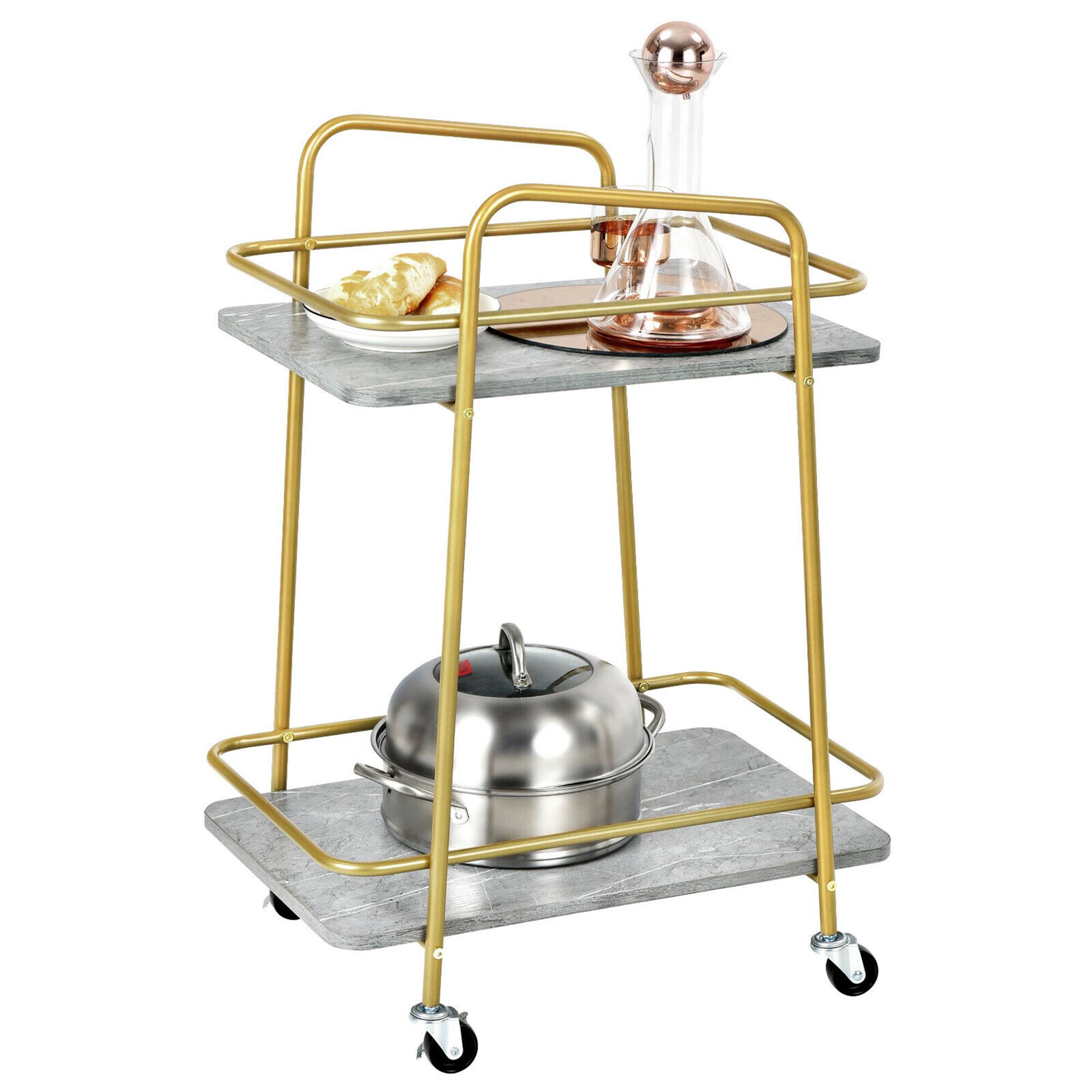 Front. Gymax - Gymax Gold Serving Cart Utility Trolley on Wheel Rolling Kitchen Rack w/Handle - Grey, Golden.