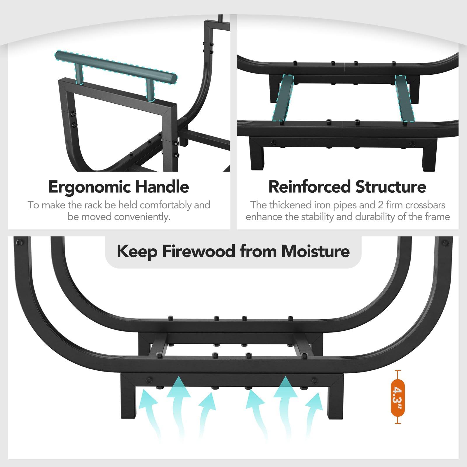 Ergonomic Handle  
To make the rack be held comfortably and be moved conveniently.

Reinforced Structure  
The thickened iron pipes and 2 firm crossbars enhance the stability and durability of the frame.

Keep Firewood from Moisture  
4.3"