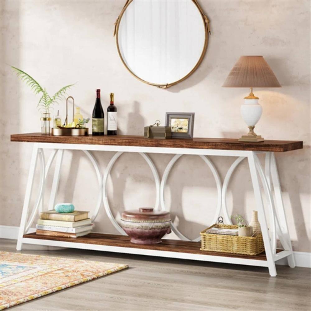 Back. Hivvago - Industrial 70-inch Brown Wood Top Sofa Table with Heavy Duty White Metal Frame - White, Brown.