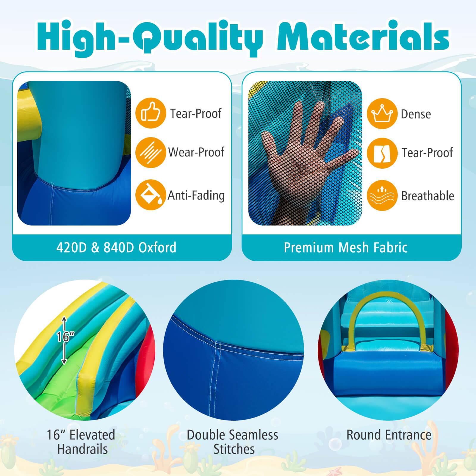 High-Quality Materials

- 420D & 840D Oxford
  - Tear-Proof
  - Wear-Proof
  - Anti-Fading

- Premium Mesh Fabric
  - Dense
  - Tear-Proof
  - Breathable

- 16" Elevated Handrails

- Double Seamless Stitches

- Round Entrance
