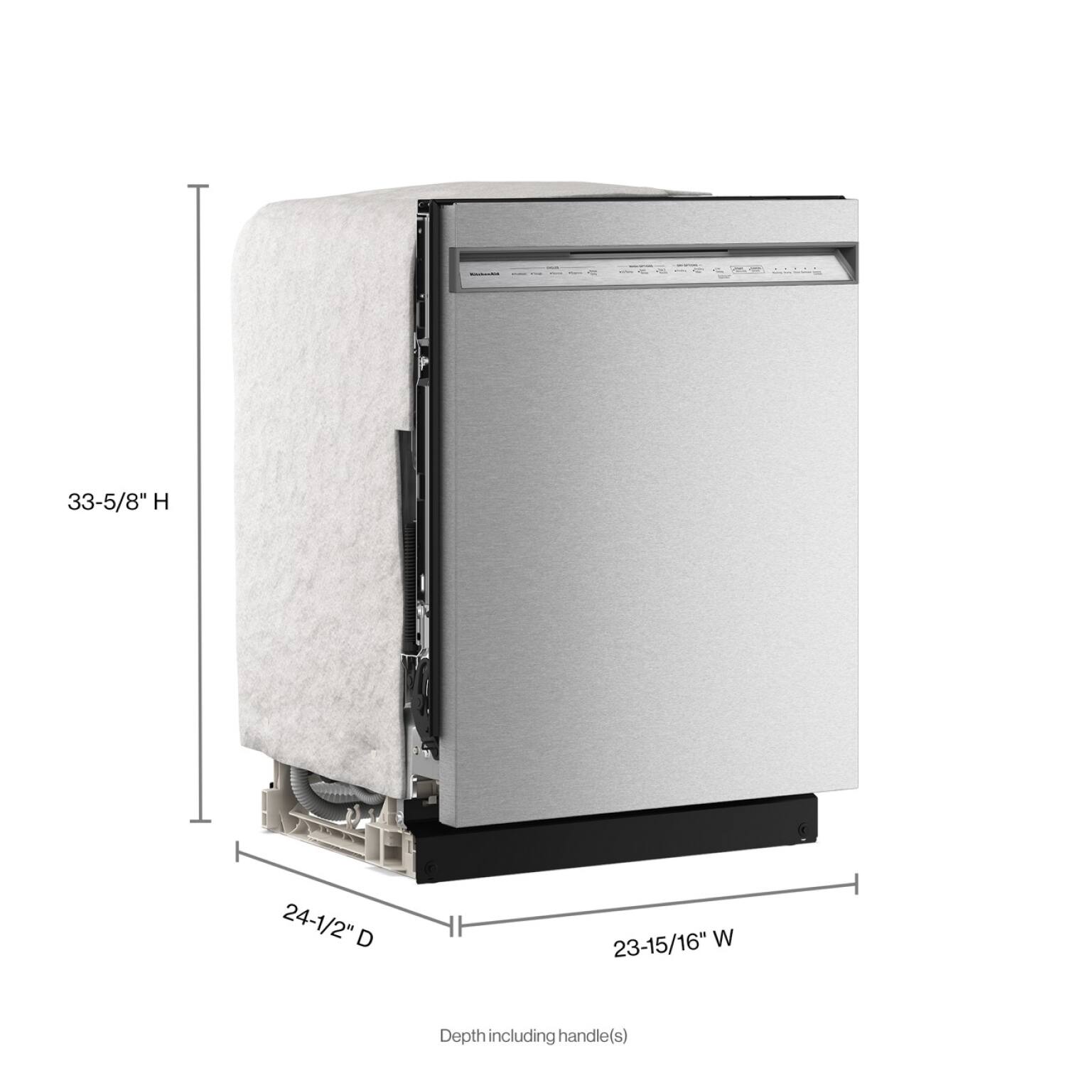 33-5/8" H  
24-1/2" D  
23-15/16" W  
Depth including handle(s)