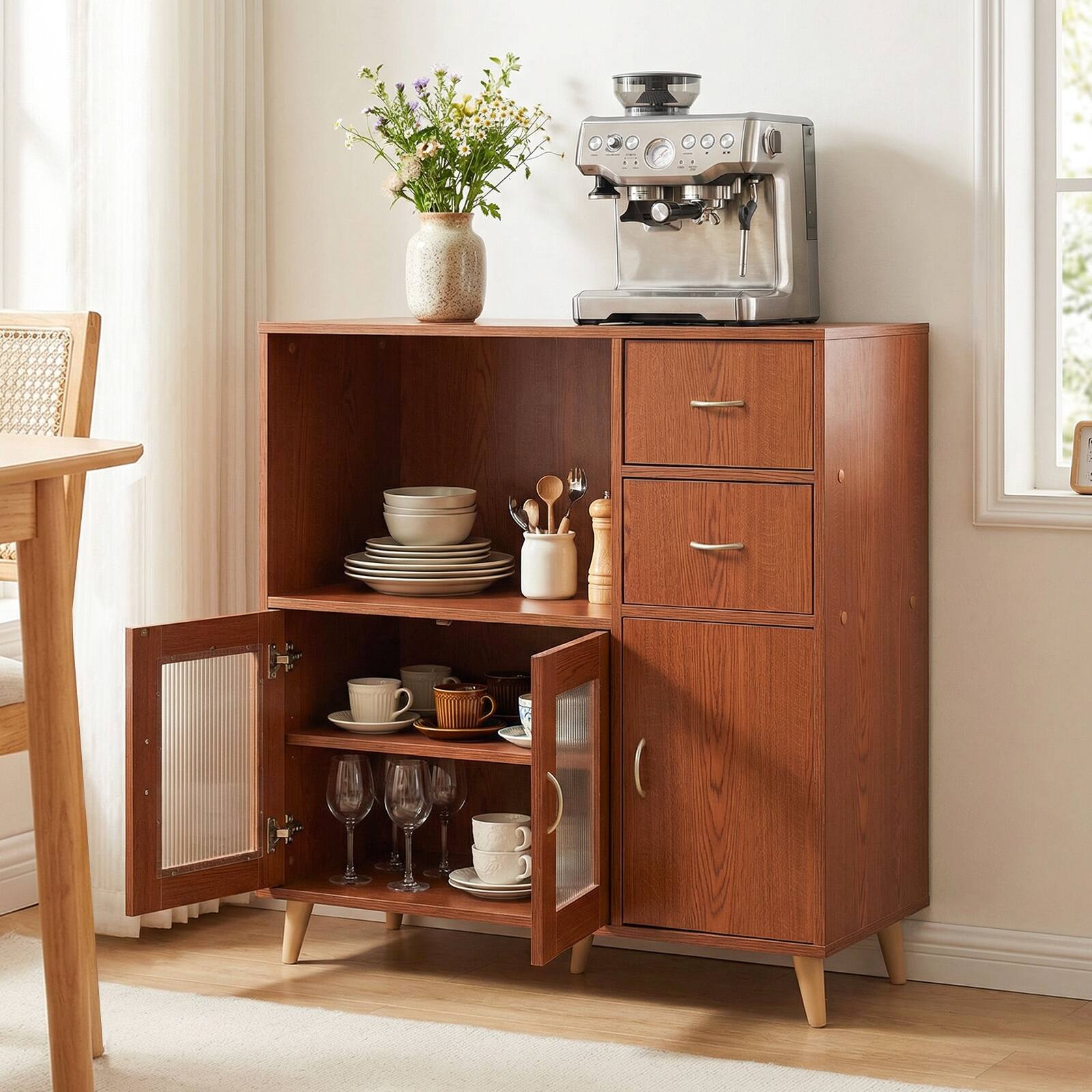 Alt View 3. Gymax - Gymax 36'' Sideboard Buffet Cabinet w/Open Compartment 2 Drawers & 3 Doors for Kitchen Brown - Brown.