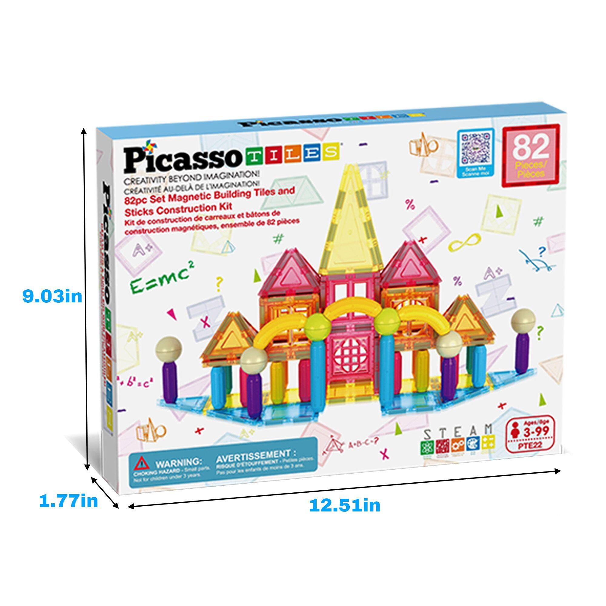 Picasso Tiles  
Creativity Beyond Imagination!  
82pc Set Magnetic Building Tiles and Sticks Construction Kit  
Sticks et bâtons de construction de carreaux magnétiques, ensemble de 82 pièces  

9.03in x 12.51in x 1.77in  

WARNING: AVERTISSEMENT:  
Small parts. Not for children under 3 years.  

Ages: 3-99  
STEAM  
PTE22
