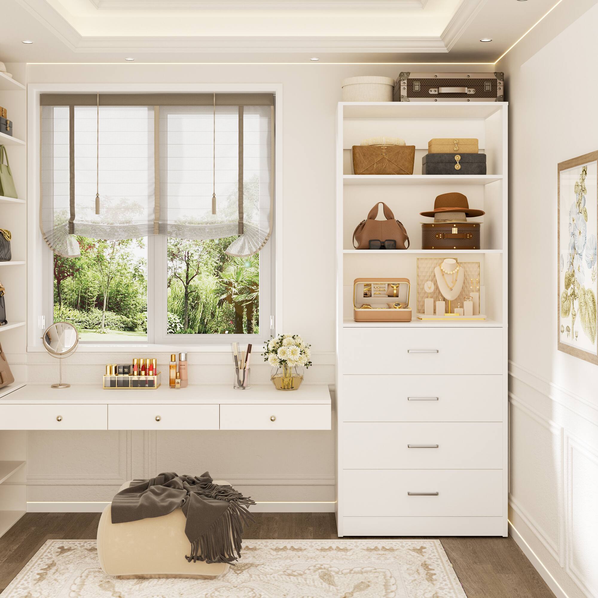 Back. Aheaplus - 80'' Tall Bookcase with 4 Wooden Drawers, 21.3'' Wide Storage Unit with Adjustable Shelves - White.