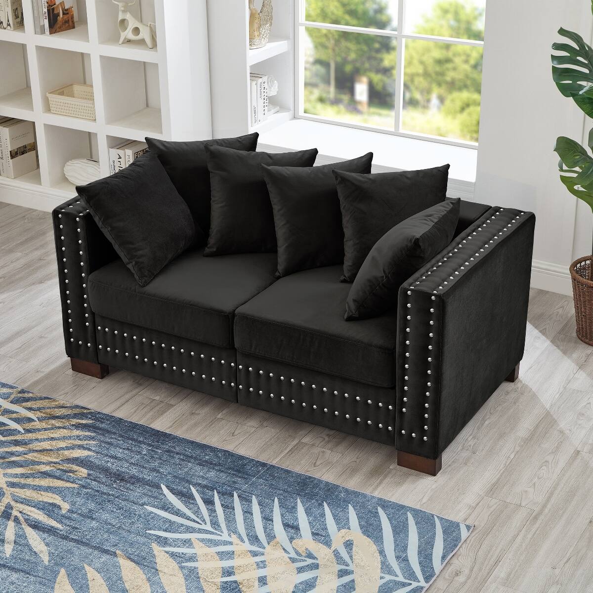 Left. Ropilly - Ropilly Black Velvet Loveseat with Silver Nail Trim, Modern Square Arm Upholstered Sofa with Storage - Black.