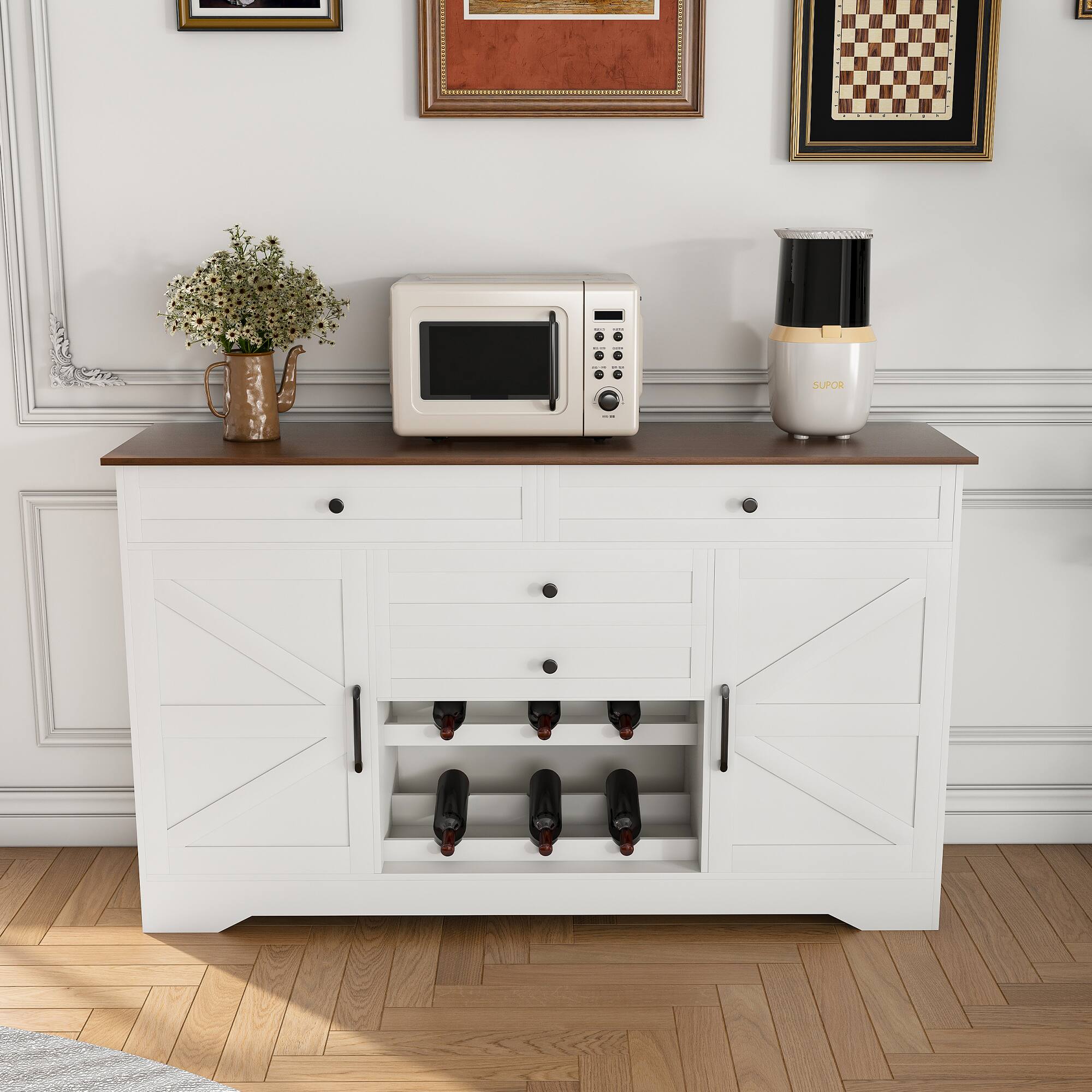 Alt View 8. Ecooso - 54" Farmhouse Buffet Sideboard with Storage Cabinet, Adjustable Shelf & Drawer, Kitchen Storage for Dining Room - White & Walnut.