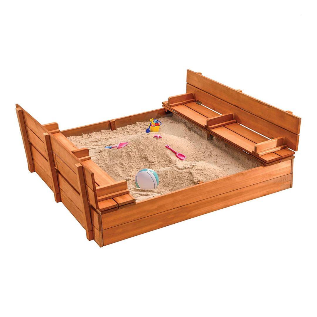 Front. Play22 - Large Wooden Kids Sandbox with Lid – Outdoor Sand Box for Kids with Foldable Bench Seats and Bottom Liner.