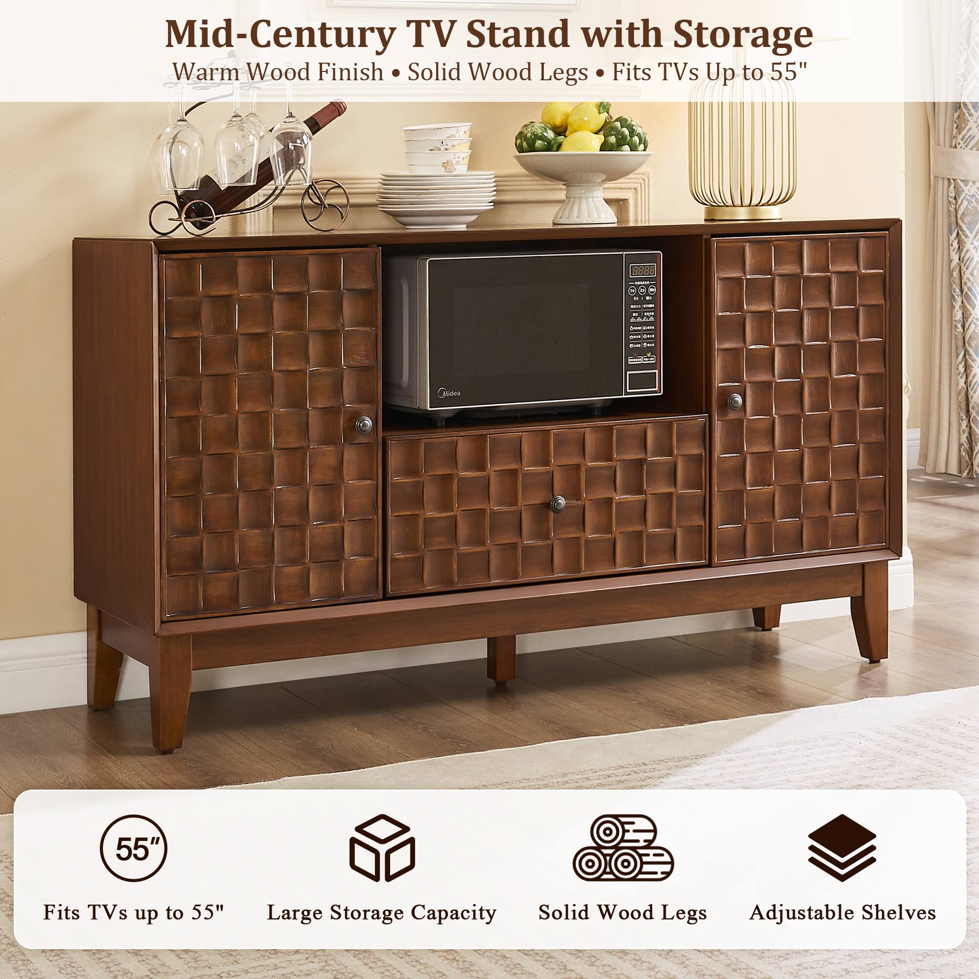 Mid-Century TV Stand with Storage  
Warm Wood Finish • Solid Wood Legs • Fits TVs Up to 55"  

Fits TVs up to 55"  
Large Storage Capacity  
Solid Wood Legs  
Adjustable Shelves