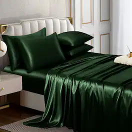 Stylel Star - 6 Piece Satin Sheet Set Queen Size Luxury Silky & Soft Green Bed With 16" Deep Pocket 1 Fitted Flat 4 Pillowcases - Emerald Green-Queen