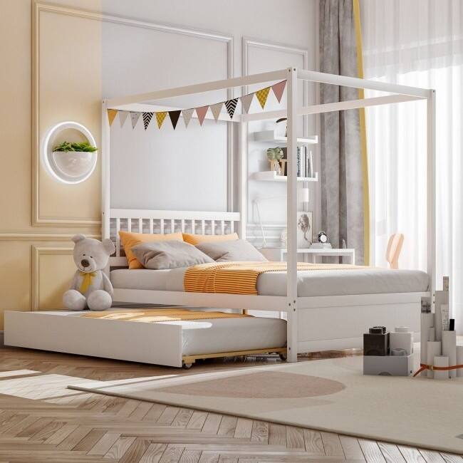 Left. Hivvago - White Full Size Canopy Platform Bed with Twin Roller Trundle Bed - White.