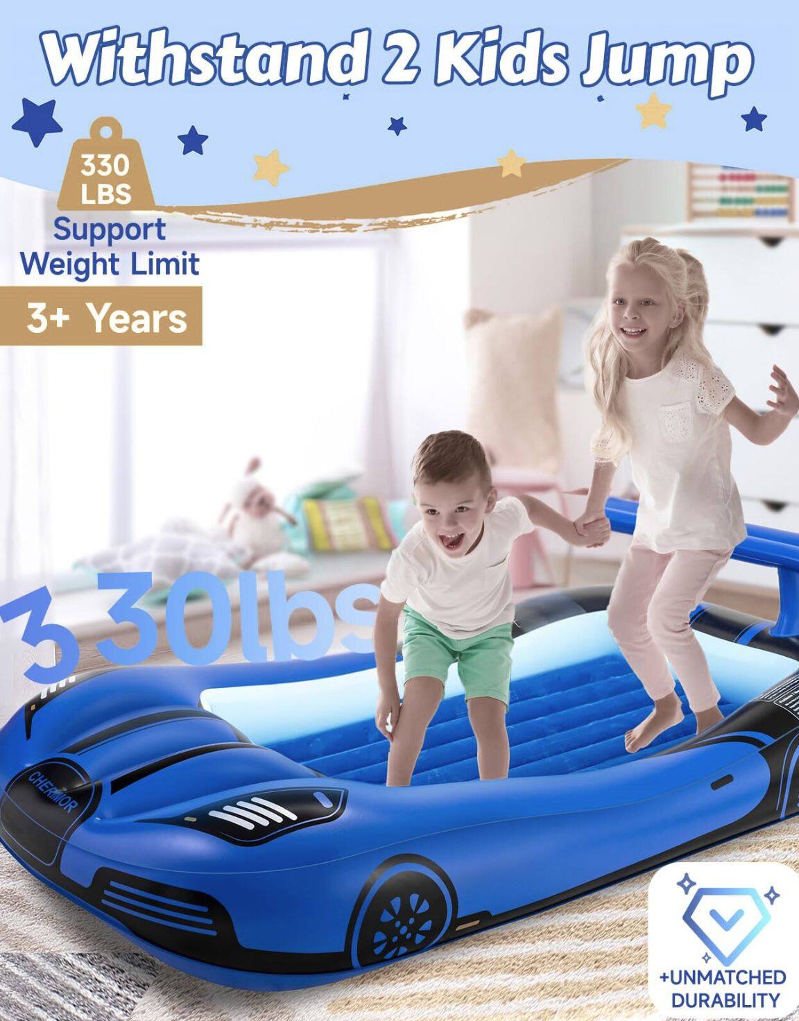 Withstand 2 Kids Jump  
330 LBS Support Weight Limit  
3+ Years  
330lbs  
+UNMATCHED DURABILITY