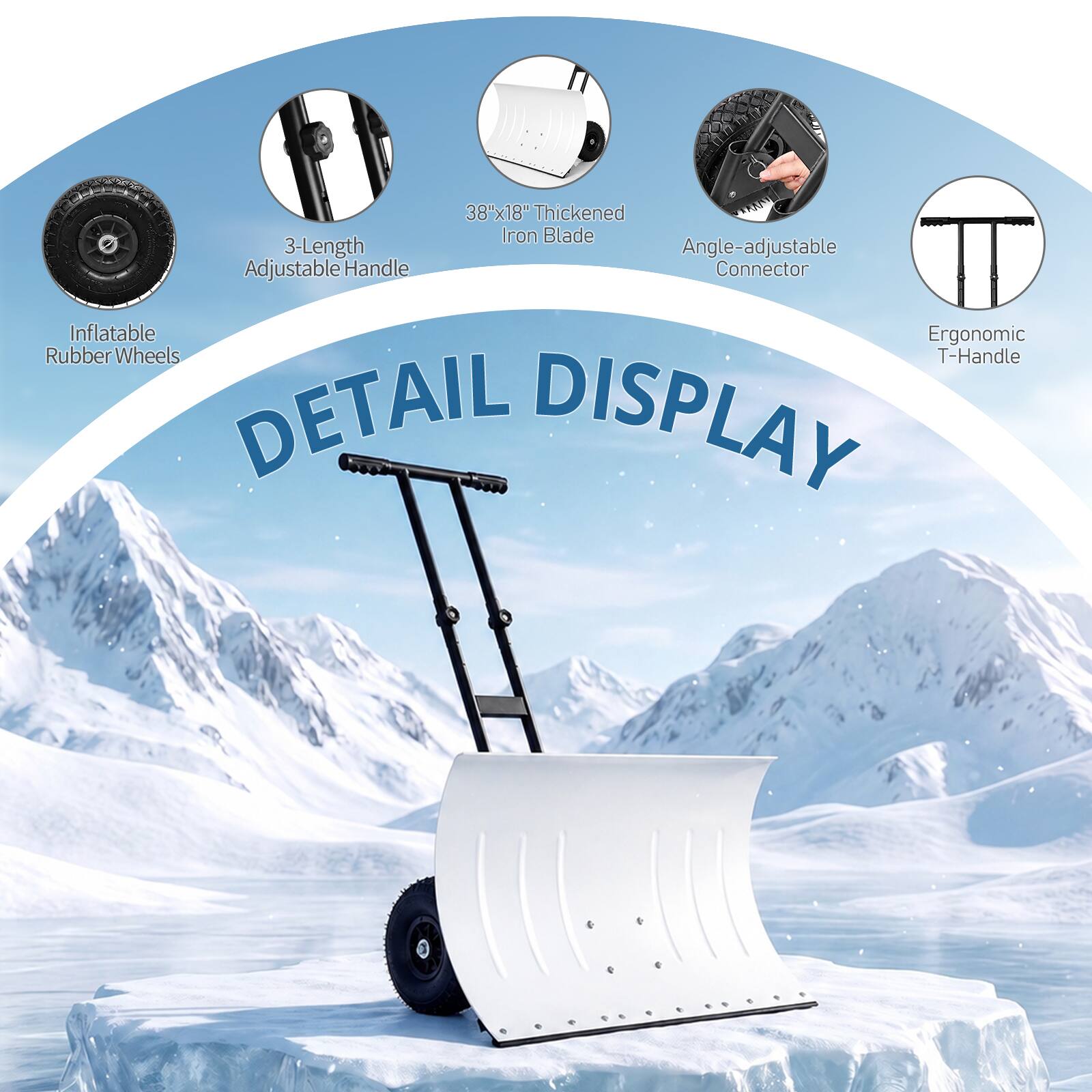 38"x18" Thickened Iron Blade 3-Length Adjustable Handle Angle-adjustable Connector Inflatable Ergonomic Rubber Wheels T-Handle DETAIL DISPLAY