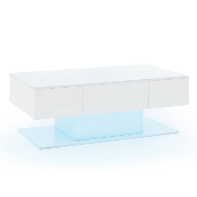 Alt View 3. WELLFOR - 43.5" High Glossy LED Coffee Table with 2 Sliding Storage Drawers, Modern Rectangle Center Table for Living Room - White.