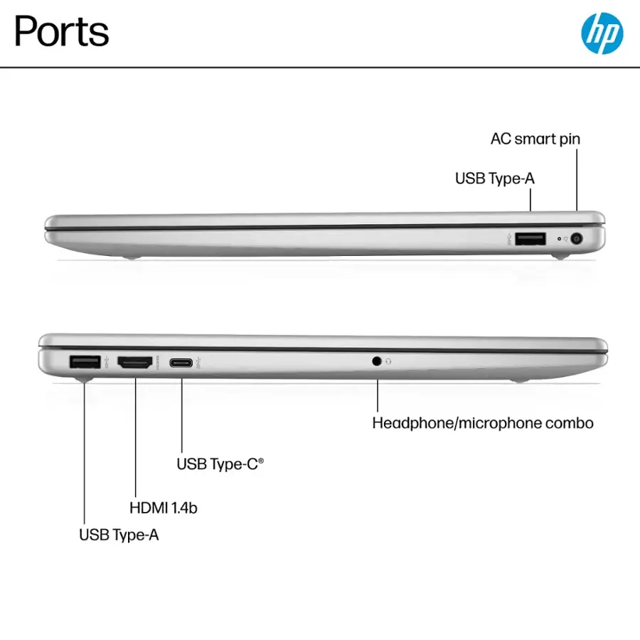 Ports:

* AC smart pin
* USB Type-A
* Headphone/microphone combo
* USB Type-C
* HDMI 1.4b
* USB Type-A