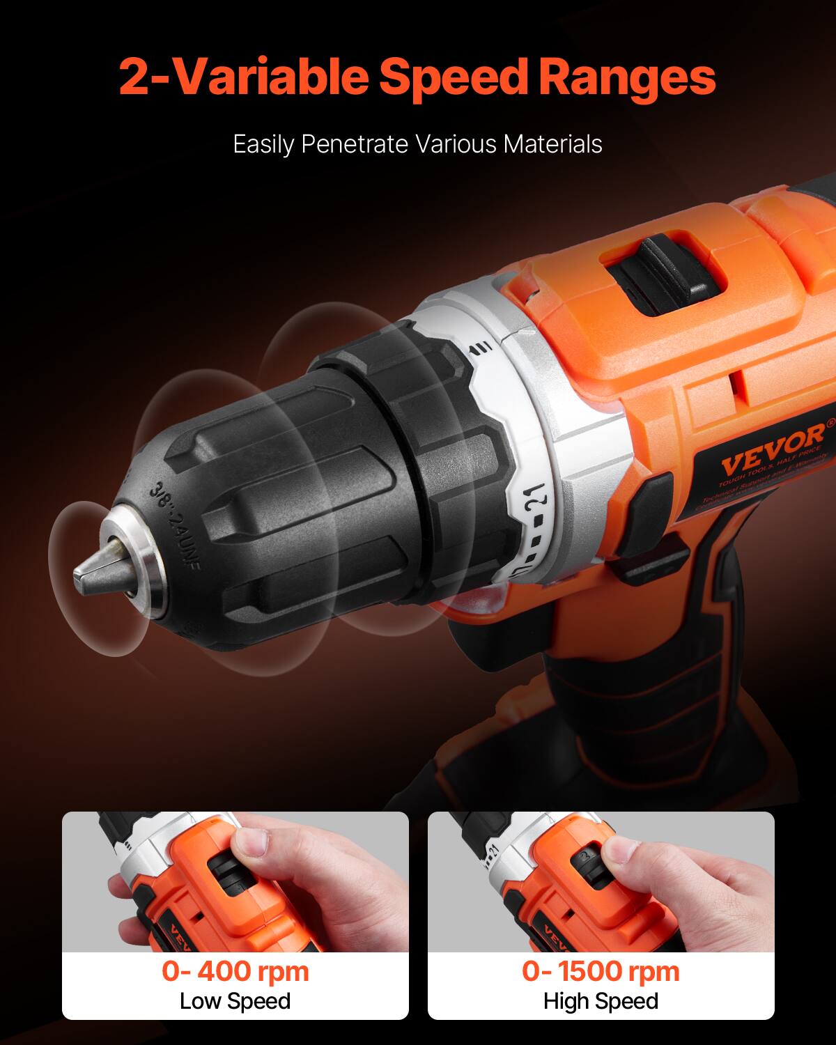 2-Variable Speed Ranges  
Easily Penetrate Various Materials  

3/8" 2AUNF  

VEVOR  

0-400 rpm Low Speed  
0-1500 rpm High Speed
