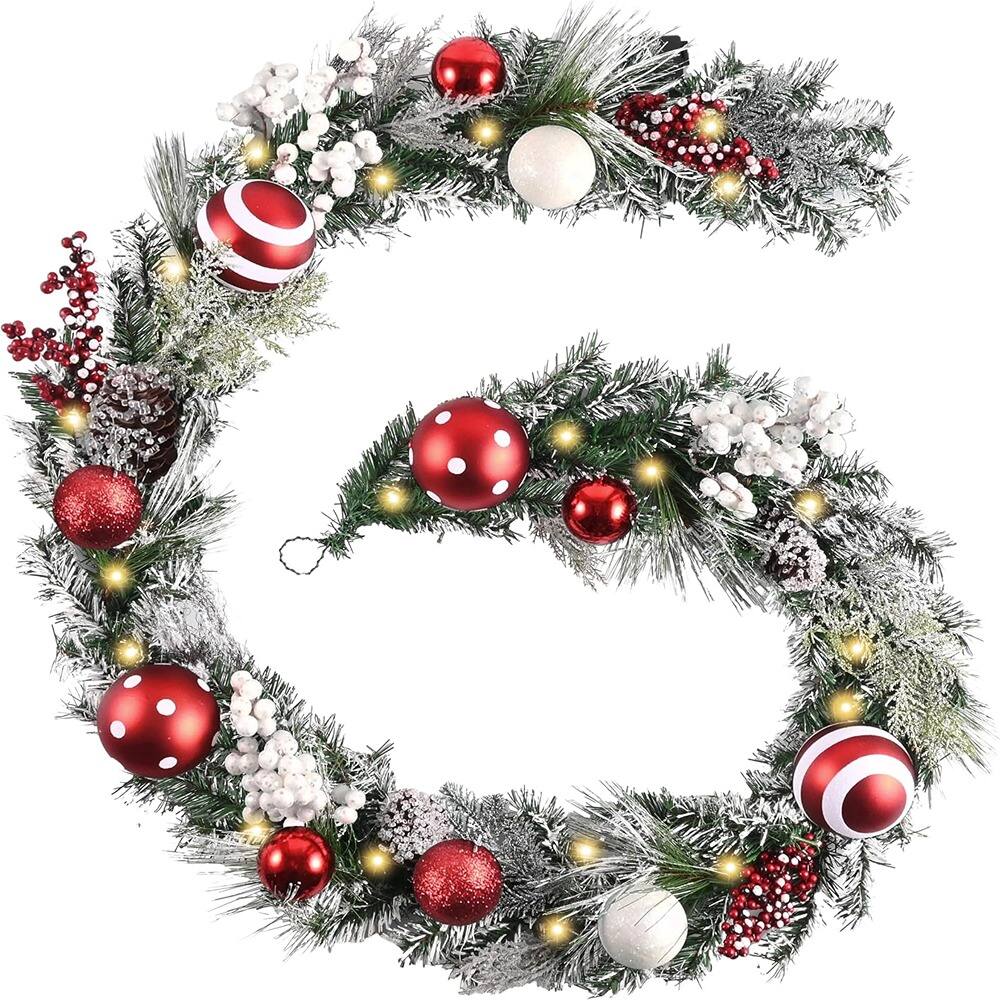 Front. RTMB - 9' Pre-Lit Christmas Garland, Red & White, Indoor/Outdoor Holiday Decor - Red/White.