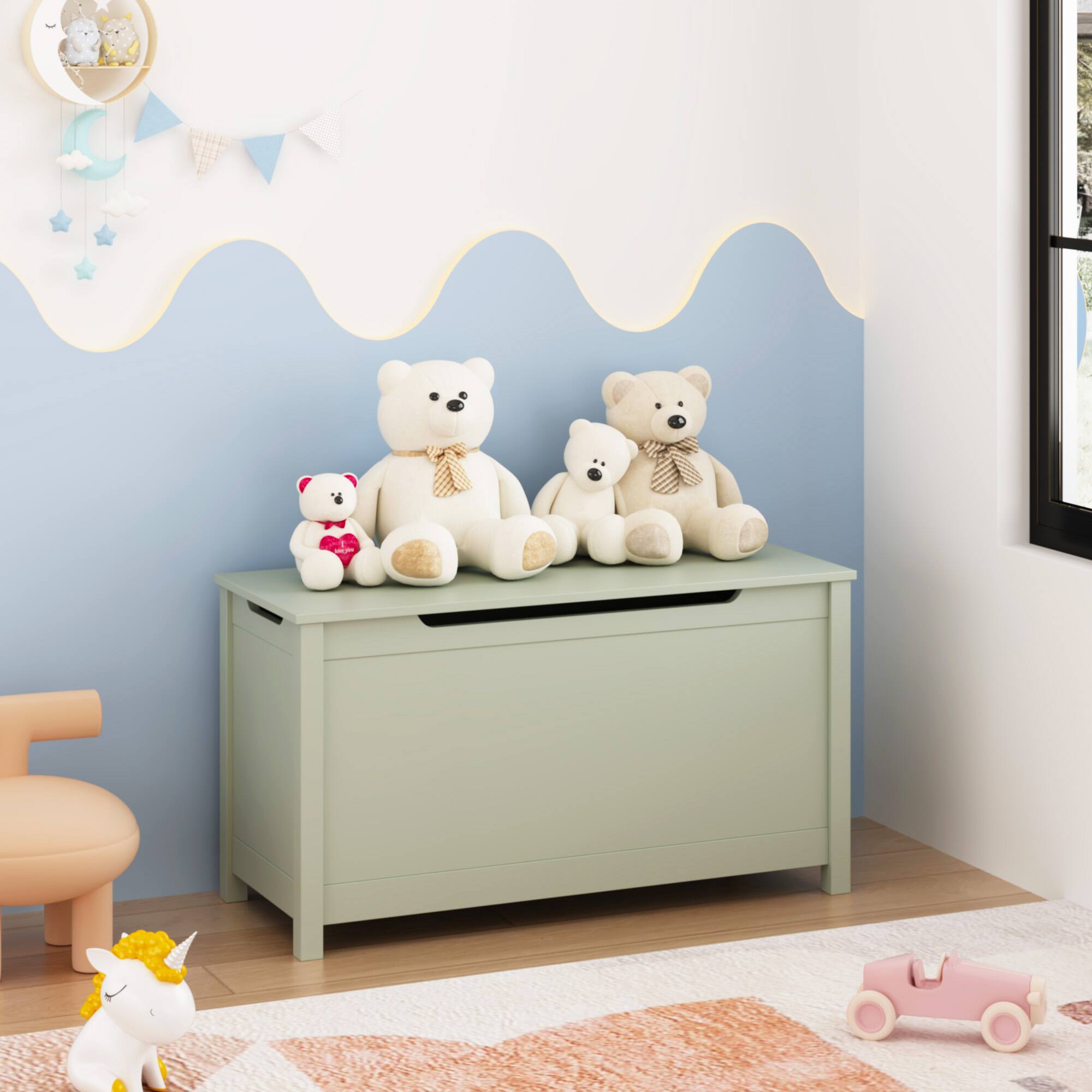 Angle. Z-Edge - Kids Storage Bench, Wooden Toy Box Chest, Large Storage Cabinet with Safety Hinge for Playroom, Living Room or Entryway - Green.