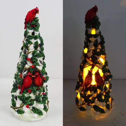 Front. Alpine - Alpine LED Green/Red Christmas Tree with Cardinals Table Decor 14 in. - Green|Red.
