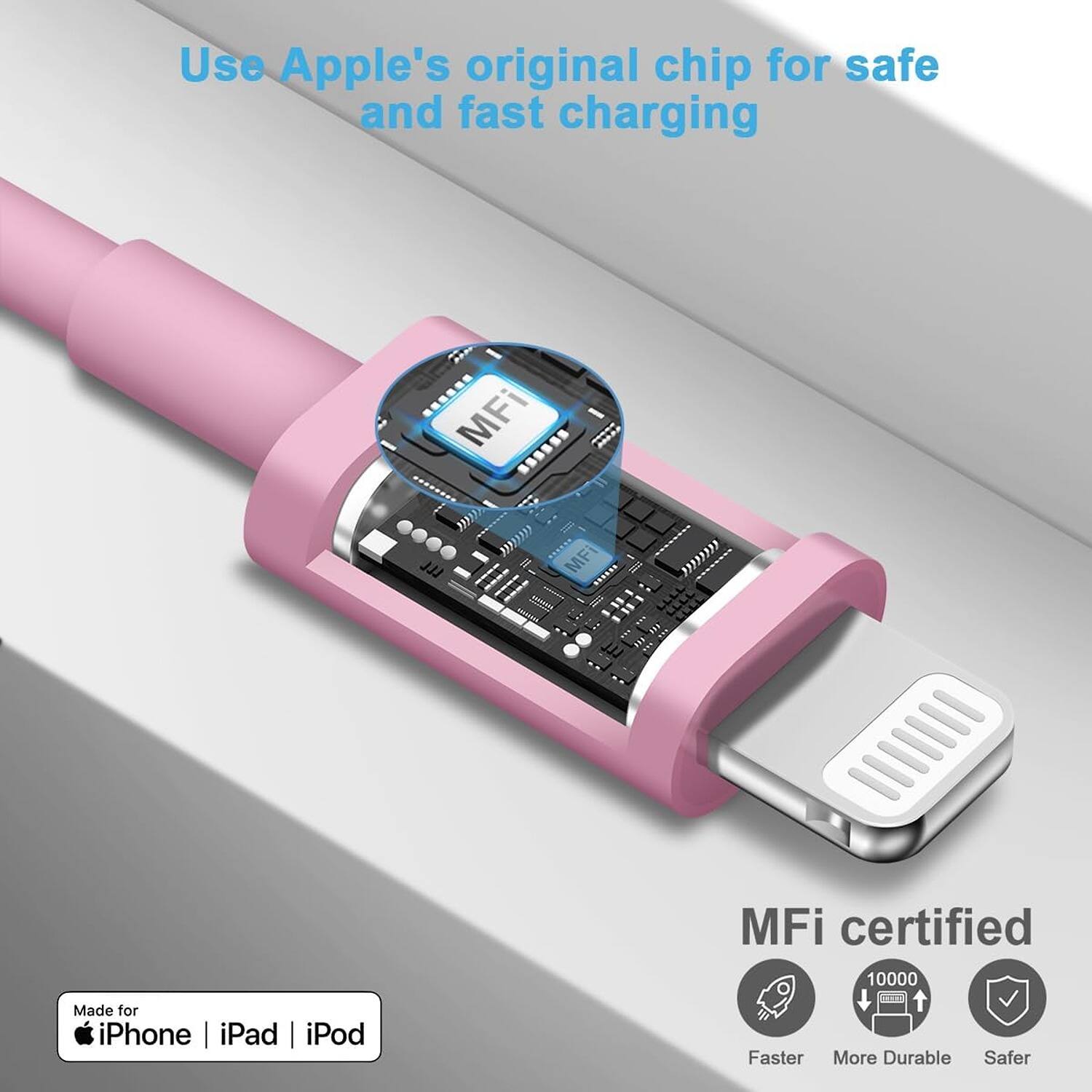 Use Apple's original chip for safe and fast charging

MFi certified

Made for iPhone | iPad | iPod

Faster
More Durable
Safer