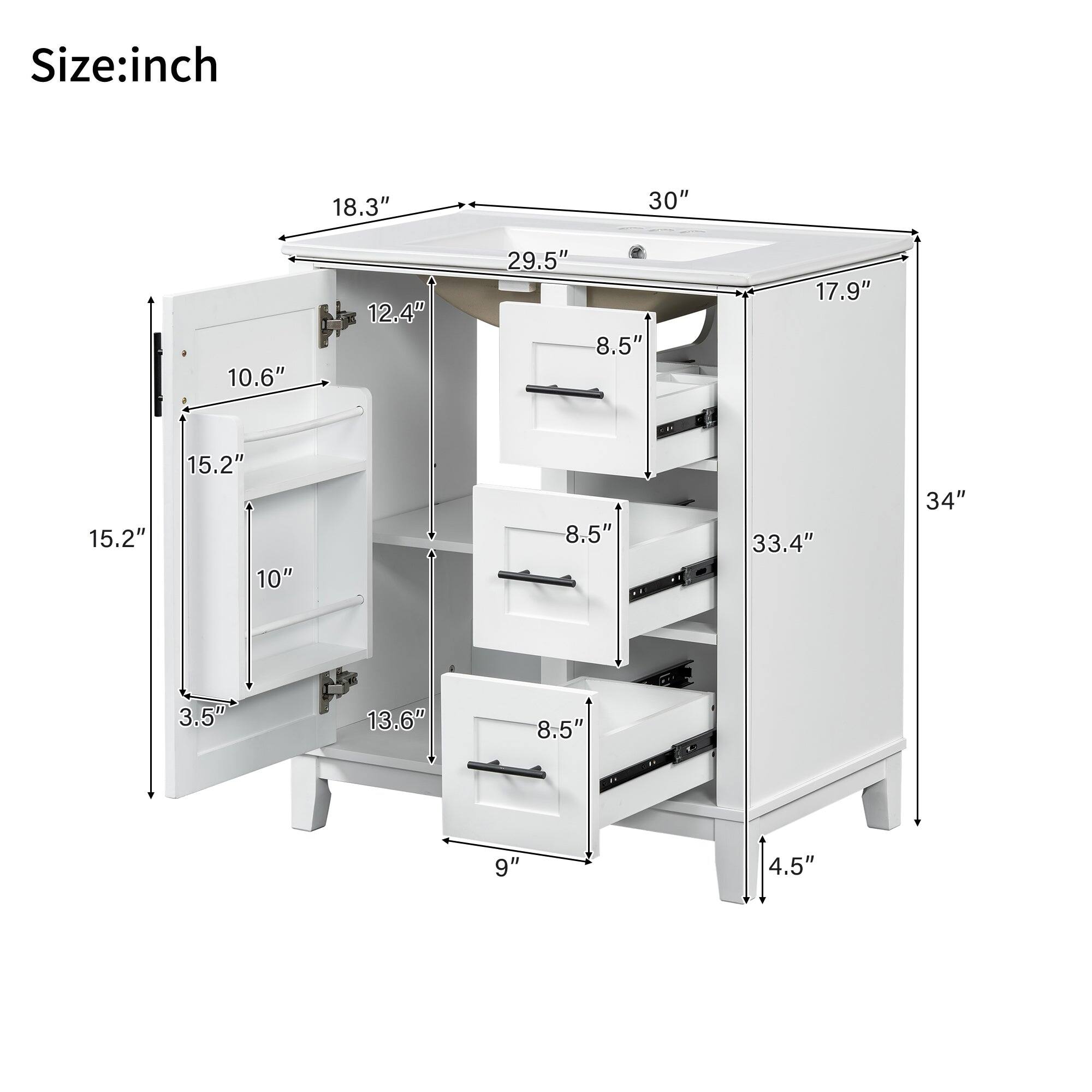 Size: inch

- 30"
- 18.3"
- 29.5"
- 12.4"
- 17.9"
- 34"
- 33.4"
- 8.5"
- 10.6"
- 15.2"
- 10"
- 13.6"
- 3.5"
- 9"
- 4.5"
- 15.2"