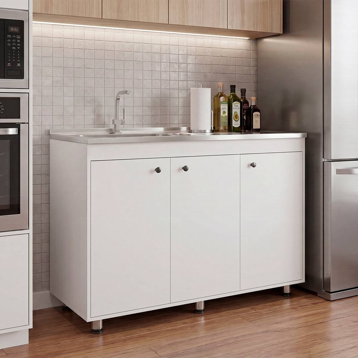 Ropilly Modern Utility Sink Cabinet with Stainless Steel Sink, 3 Door ...