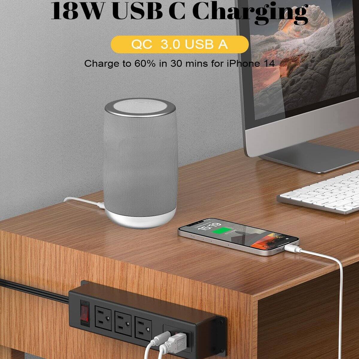 18W USB C Charging  
QC 3.0 USB A  
Charge to 60% in 30 mins for iPhone 14