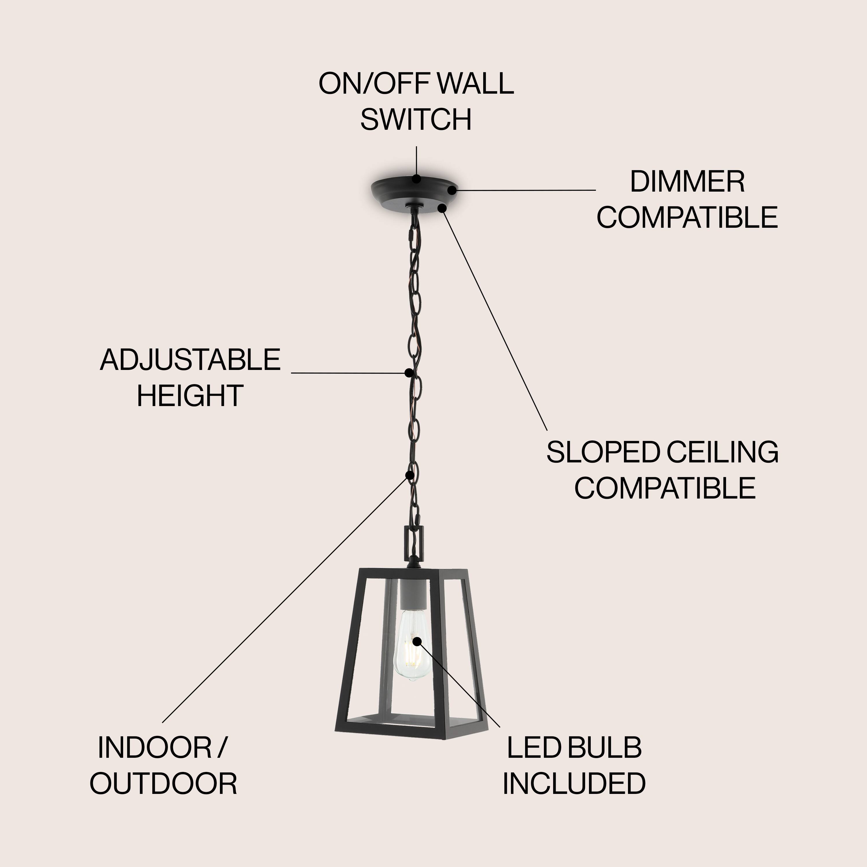ON/OFF WALL SWITCH, DIMMER COMPATIBLE, ADJUSTABLE HEIGHT, SLOPED CEILING COMPATIBLE, INDOOR/OUTDOOR, LED BULB INCLUDED
