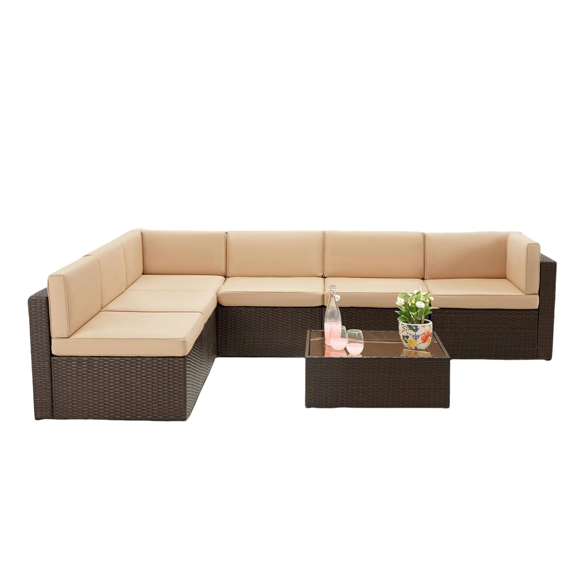 Back. Mondawe - 7-Piece Rattan Sofa Set with Polyester Cushions - Brown+Beige.