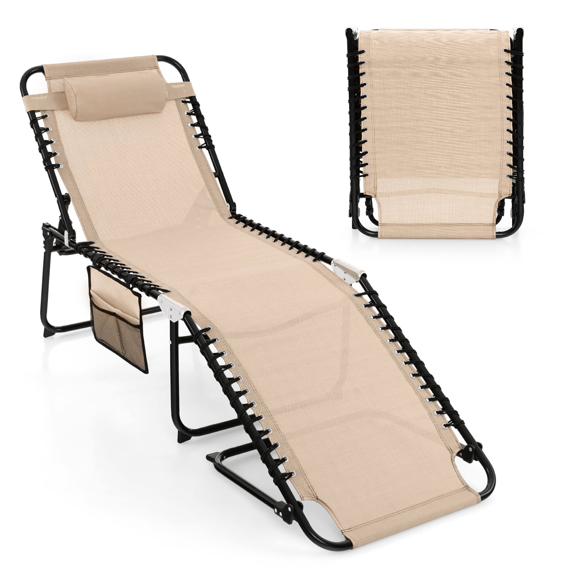 Gymax - Patio Folding Chaise Lounge Portable Lay Flat Reclining Chair w/ 4-Level Backrest Side Pocket - Beige price history on PriceWatchPro