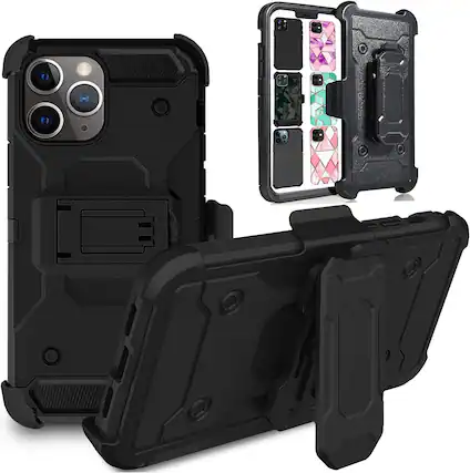 Front. DuraSafe Cases - iPhone 11 PRO - 5.8" 3-Layer Rugged Armor Phone Case with Kickstand - Black(With Holster).