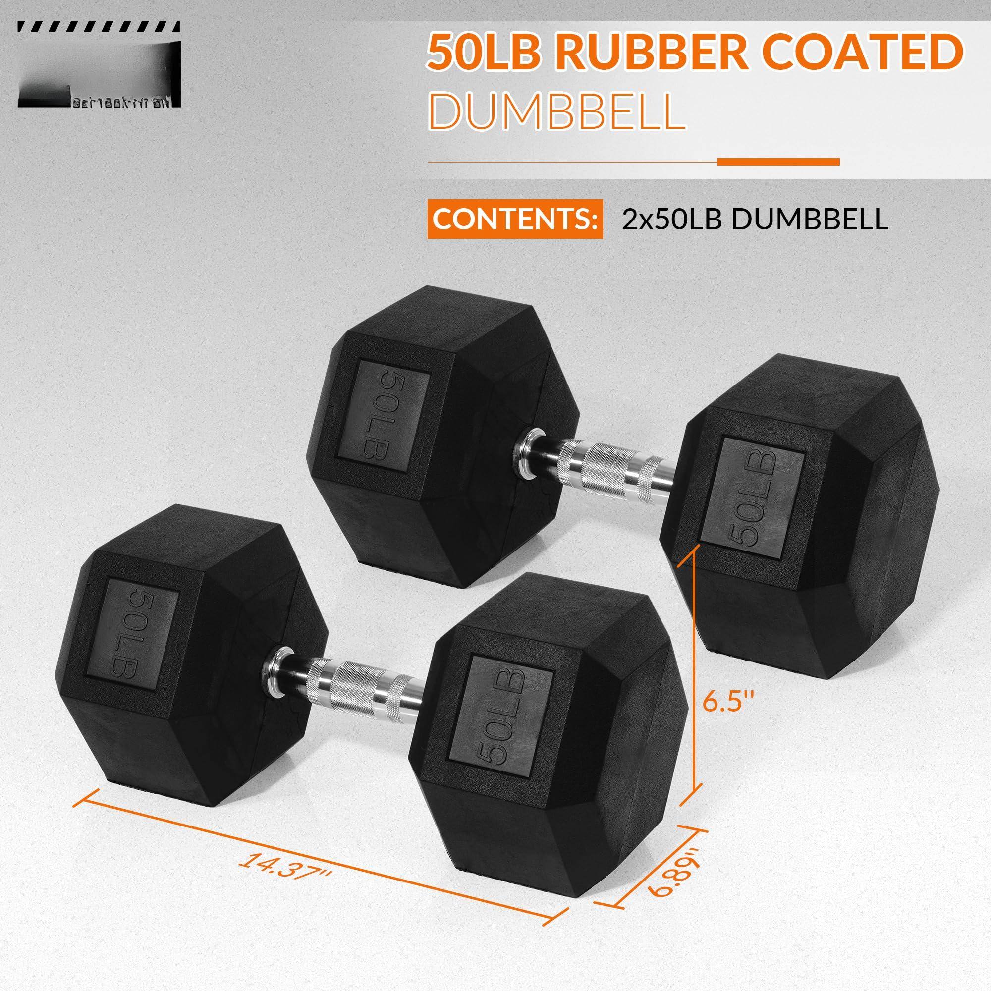 50LB RUBBER COATED DUMBBELL

CONTENTS: 2x50LB DUMBBELL

14.37"  
6.5"  
6.89"