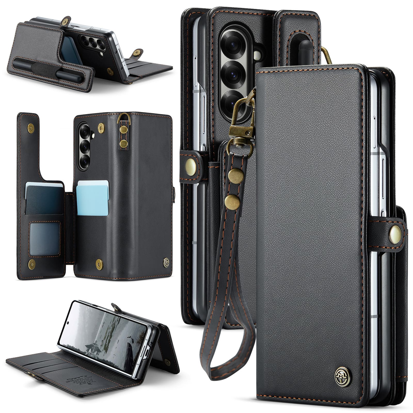 Dteck - Shockproof Flip Wallet Phone Case for Samsung Galaxy Z Fold8 Ultra, RFID Leather Protective Kickstand Cover with Strap - Black
